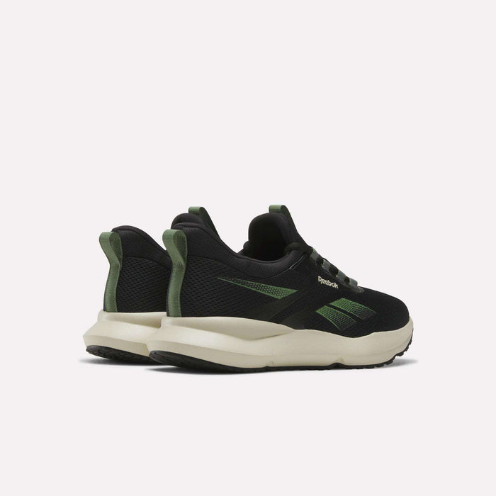 The Men's Cityride 2 Running Shoes by Reebok in black with green accents and white soles, featuring FuelFoam cushioning, are shown from back and side angles against a plain light background.