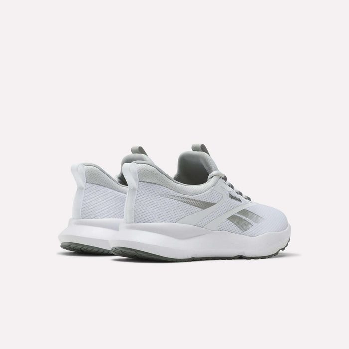 The Reebok Men's Cityride 2 Running Shoes in white and light gray feature mesh uppers and FuelFoam cushioning, displayed from a rear side view on a plain light background.