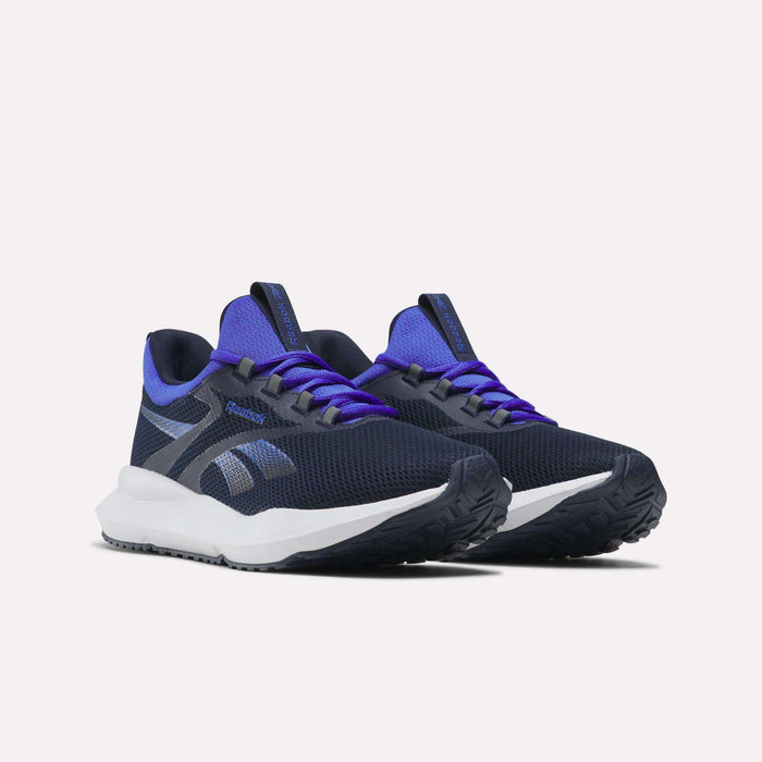 Reebok Men's Cityride 2 Running Shoes in navy blue and purple, with white soles, FuelFoam cushioning, and textured black outsoles are displayed on a plain white background.