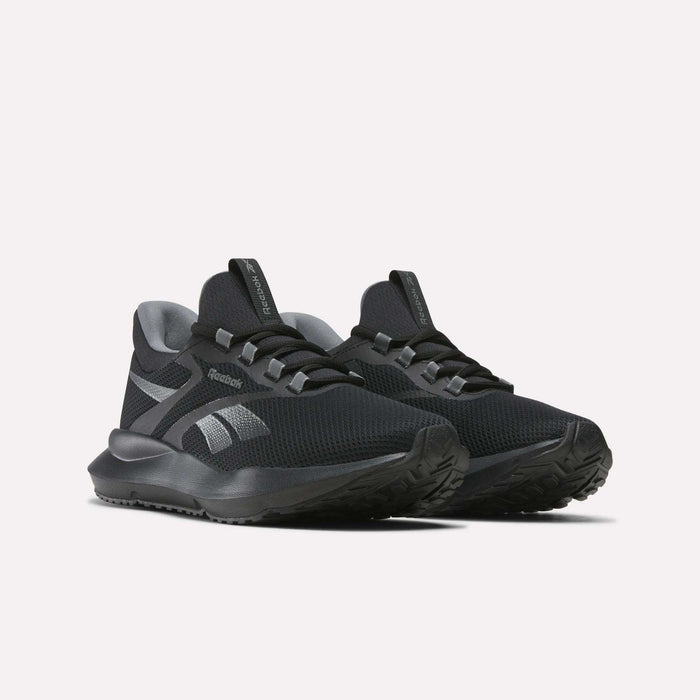 A pair of Reebok Men's Cityride 2 Running Shoes in black with gray accents, mesh uppers, lace-up closures, and textured rubber soles with FuelFoam cushioning, displayed side by side on a plain white background.