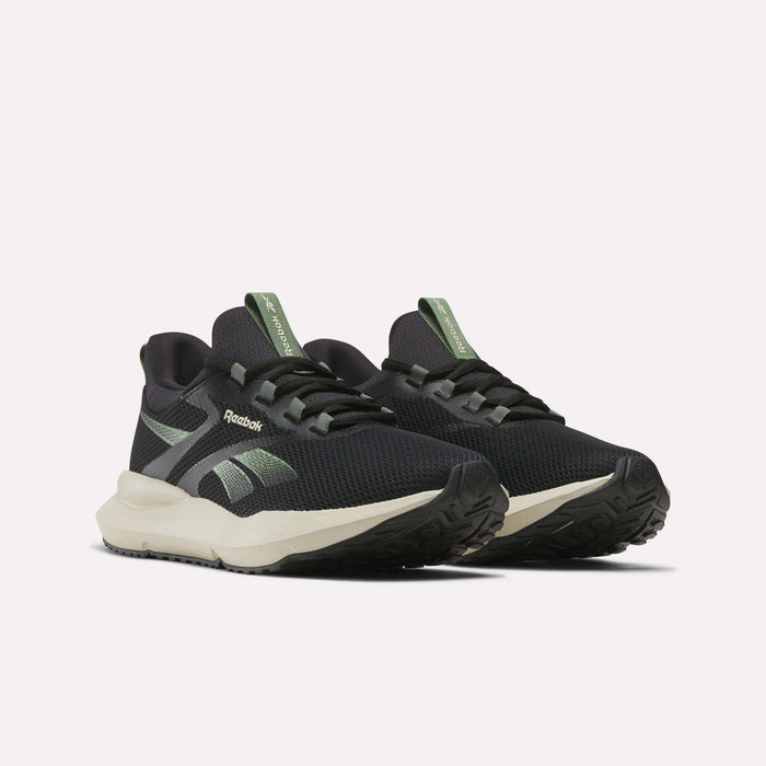 A pair of Reebok Men's Cityride 2 Running Shoes in black with white soles, green accents, and mesh uppers featuring FuelFoam cushioning, displayed side by side on a plain white background.