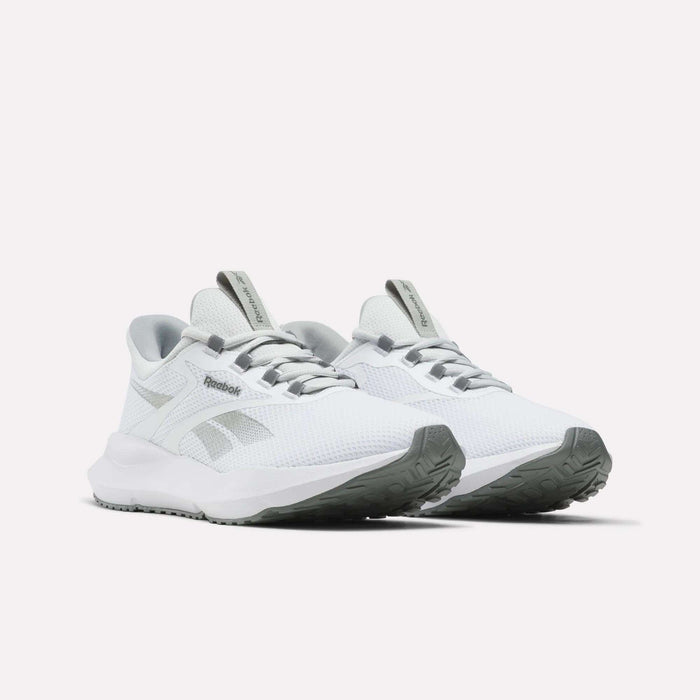 A pair of Reebok Men's Cityride 2 running shoes in white with gray accents and textured dark gray soles, featuring FuelFoam cushioning for enhanced comfort, displayed on a plain white background.