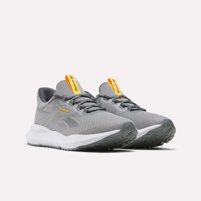 Men's Cityride 2 Running Shoes by Reebok, featuring gray mesh uppers, white soles, yellow tongue tags, and FuelFoam cushioning, are displayed on a plain white background.