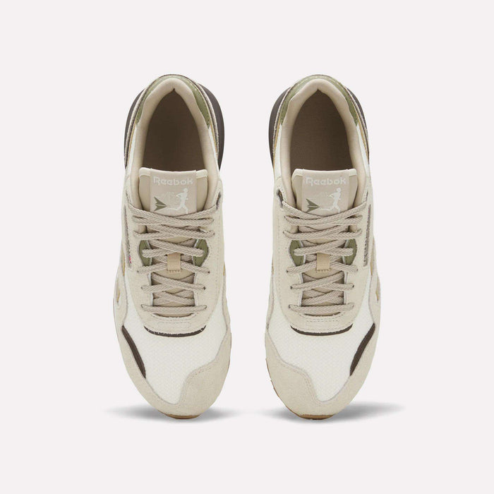 Top view of Reebok Men's Classic Nylon 89 Shoes with a beige and white suede upper, light brown and olive green accents, shown side by side on a plain white background.
