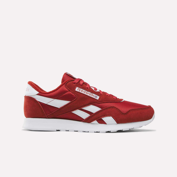 A side view of the Reebok Men’s Classic Nylon Shoes in Heritage Red/Heritage Red/White is displayed on a plain white background, showcasing iconic retro sneaker style ideal for men’s shoe collections.