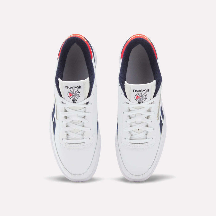 A top view of Reebok Men's Club C Revenge Golf Shoes in white with navy accents, red heel detail, and a spikeless outsole. Water-resistant shoes feature the Reebok logo and a basketball graphic on each tongue.