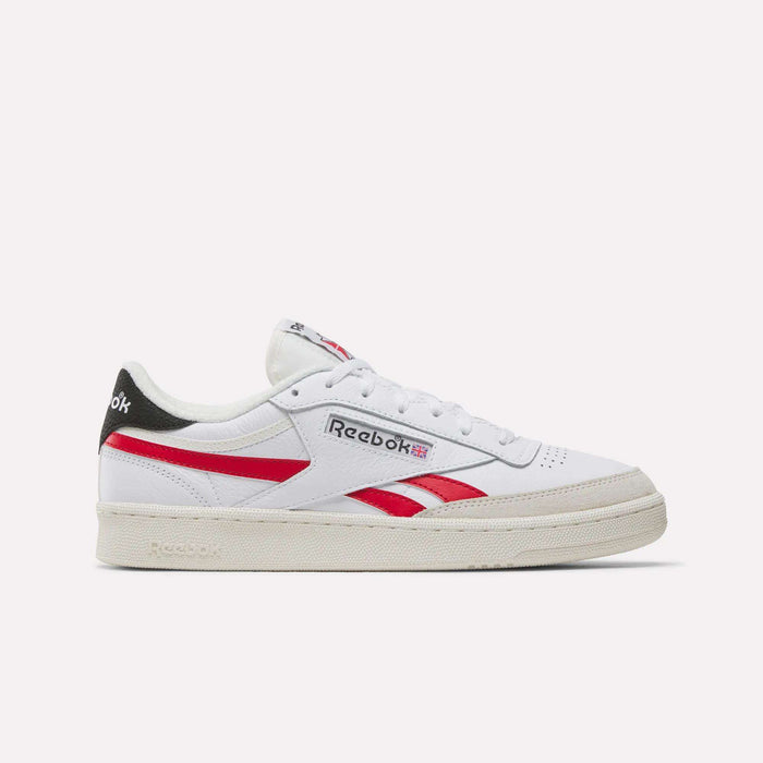 The Reebok Men's Club C Revenge Shoes, in white with red and black accents, feature premium leather and display the Reebok logo plus Union Jack on the side, shown from the left against a plain white background.