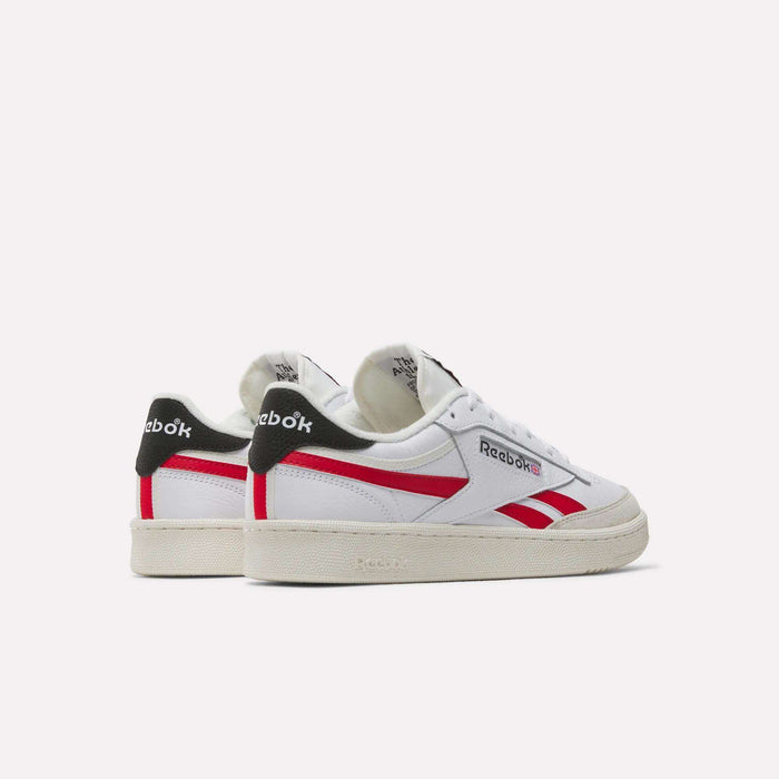 A pair of Reebok Men's Club C Revenge Shoes in white premium leather with red stripes, black Reebok-logo heel tabs, and off-white soles, shown on a plain light background.