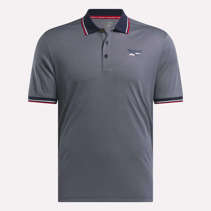 The Reebok Men's Country Club Oxford Pique Polo Shirt is a grey, short-sleeve golf polo featuring a collar, three-button placket, red/white/black trim on the collar and sleeves, and the Reebok logo on the left chest.