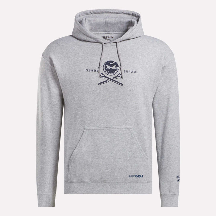 Show off your style in the Men’s Crushers Hoodie by Reebok. This light gray hoodie features a front pocket, drawstring hood, and a chest graphic of a skull with crossed golf clubs and "Crushers Golf Club.