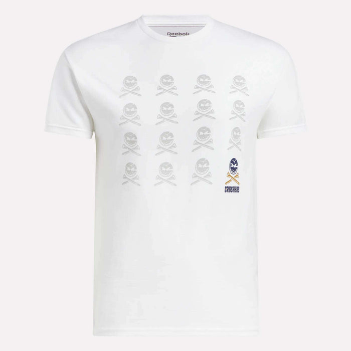 The Men's Crushers Icon Tee by Reebok features twelve light gray and one dark skull and crossbones design with “SPURS” on the lower right, inspired by Crushers graphics for a bold, standout look.