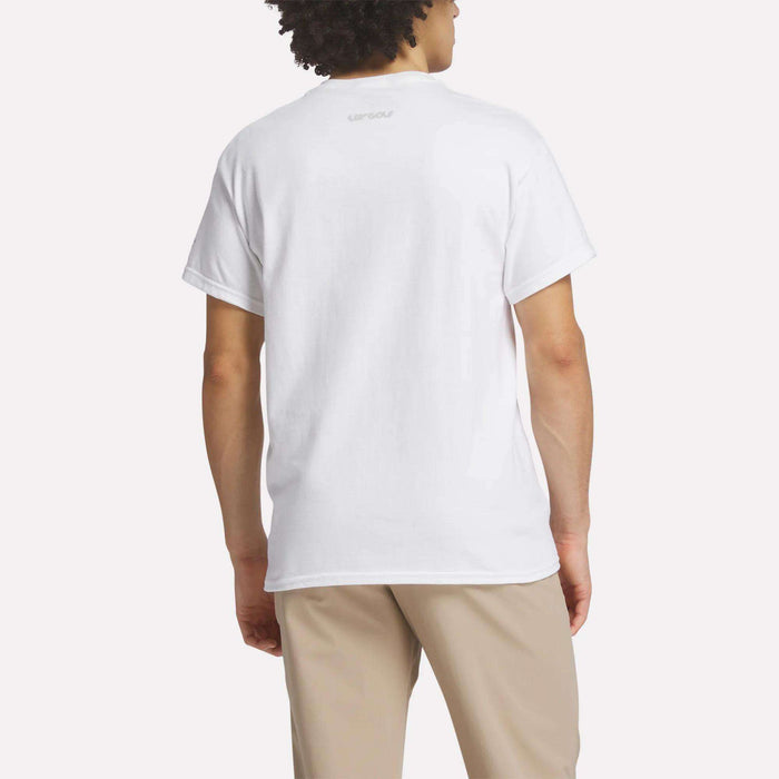 A person is shown from the back, wearing a Men's Crushers Icon Tee by Reebok in plain white and beige pants, standing against a light background.