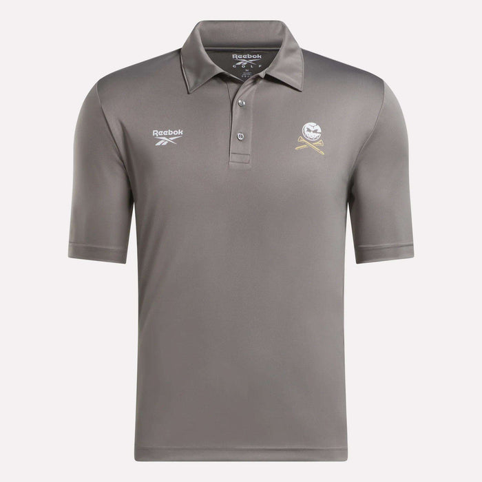 The Men's Crushers Replica Polo by Reebok is a gray, short-sleeve golf shirt with a collar, button placket, Reebok logo on the right chest, and a crossed bat and ball emblem on the left chest.