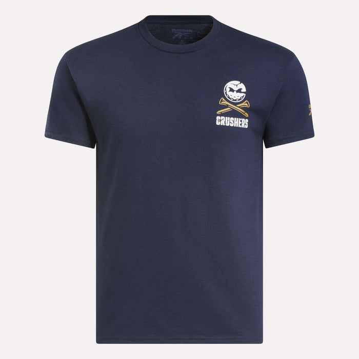 The Men's Crushers Stacked Logo Tee by Reebok is a navy short-sleeve shirt featuring a small white baseball and crossed bats graphic above “CRUSHERS” on the left chest, inspired by Bryson DeChambeau’s team spirit.
