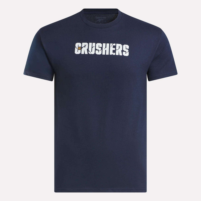 The Men's Crushers Wordmark Tee by Reebok features CRUSHERS in bold, cracked-textured white letters across the chest. Inspired by Bryson DeChambeau, this navy blue crew neck tee for men has short sleeves.
