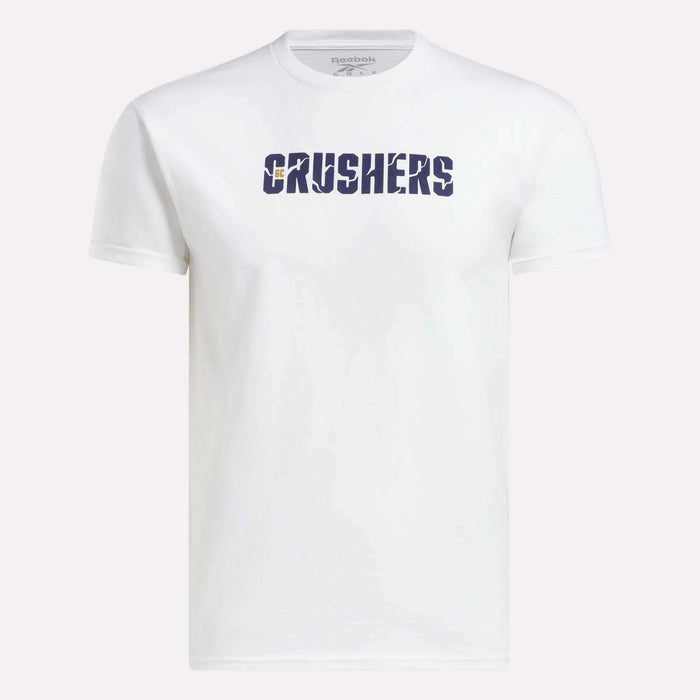 The Reebok Men's Crushers Wordmark Tee features bold navy "CRUSHERS" lettering across the chest, short sleeves, and a classic crew neck—perfect for fans of Bryson DeChambeau and his team.