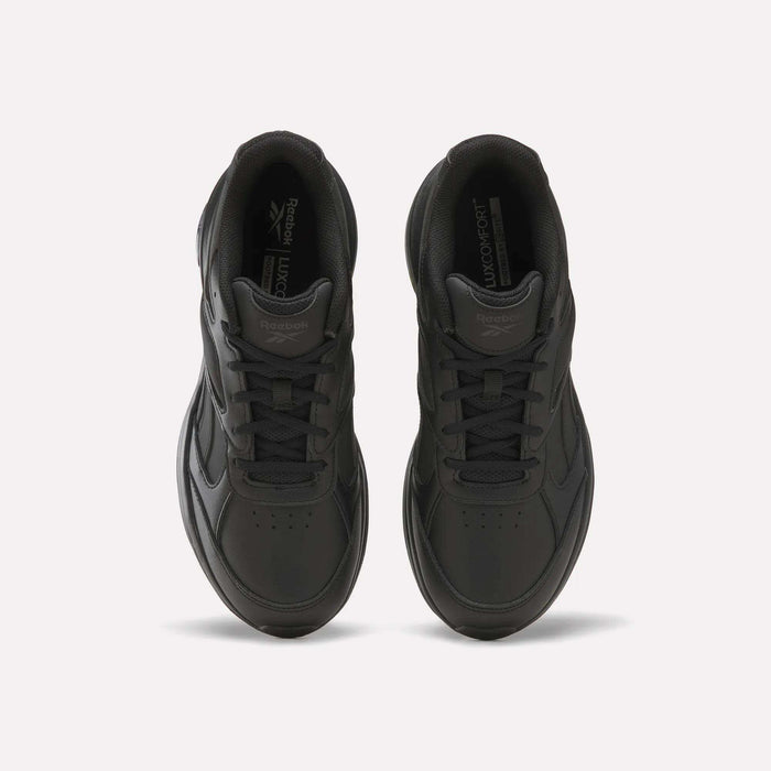 A pair of Reebok Men’s DMX Comfort+ Walk Ultra Shoes in black, shown from above against a plain white background.