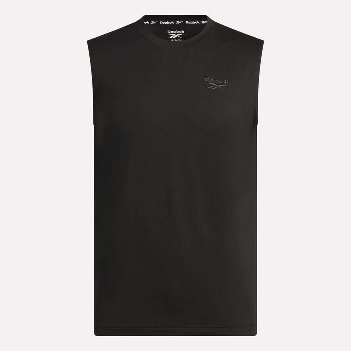 Reebok Men's Elite Sleeveless Top in black, made from cotton flex knit with a crew neck and small Reebok logo on the left chest, shown against a plain light background.