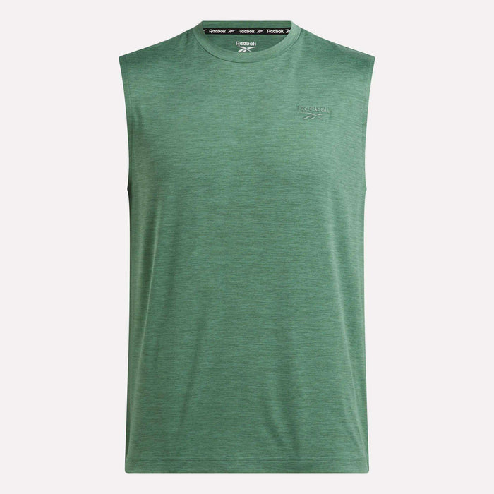 Introducing the Reebok Men's Elite Sleeveless Top—a sleeveless green top for men with a round neck, made from cotton flex knit for exceptional comfort. It features a subtle textured design and the iconic Reebok logo on the chest, showcased against a plain white background.