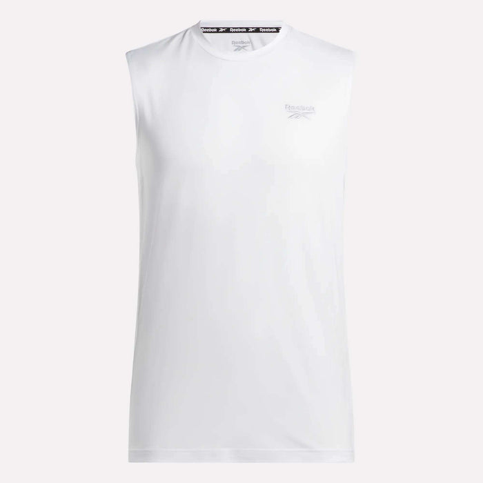 The Reebok Men's Elite Sleeveless Top, shown against a light background, features a crew neck, flex knit cotton material, and a subtle upper-left chest logo.