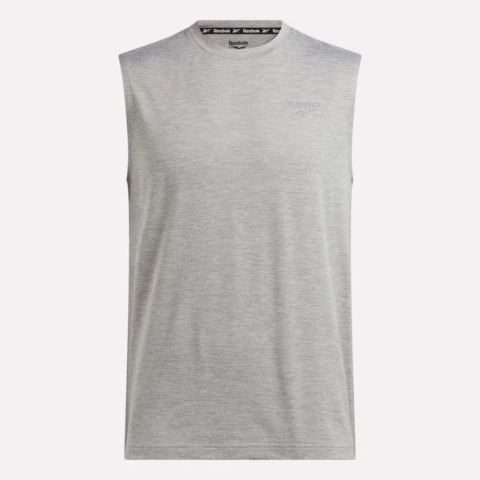 The Men's Elite Sleeveless Top by Reebok is shown in light heather gray, featuring a crew neck and a subtle Reebok logo on the left chest. This athletic sleeveless tee is displayed on a plain white background.