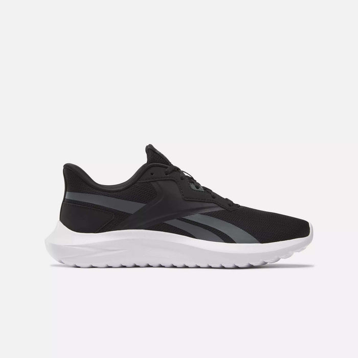 The Men's Energen Lux Running Shoes by Reebok feature a black mesh upper, white sole, and dark gray accents—versatile athletic sneakers ideal for running or everyday wear, shown from the side on a light background.