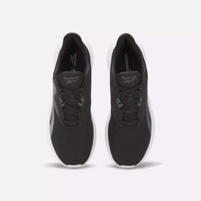 A pair of Men's Energen Lux Running Shoes by Reebok, shown from above with mesh uppers, black laces, and white soles—versatile running shoes displayed on a plain white background.