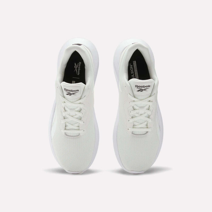 Top view of Reebok Men's Energen Lux Running Shoes with white laces and mesh texture, placed side by side on a plain light background.