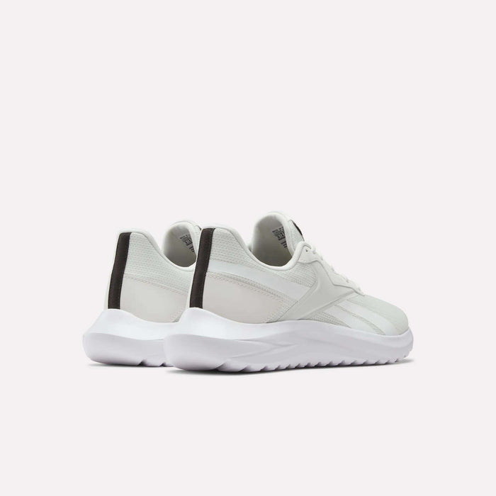 A pair of Men's Energen Lux Running Shoes by Reebok in white with black heel accents, displayed from the back on a plain light background—ideal for workouts and everyday style.