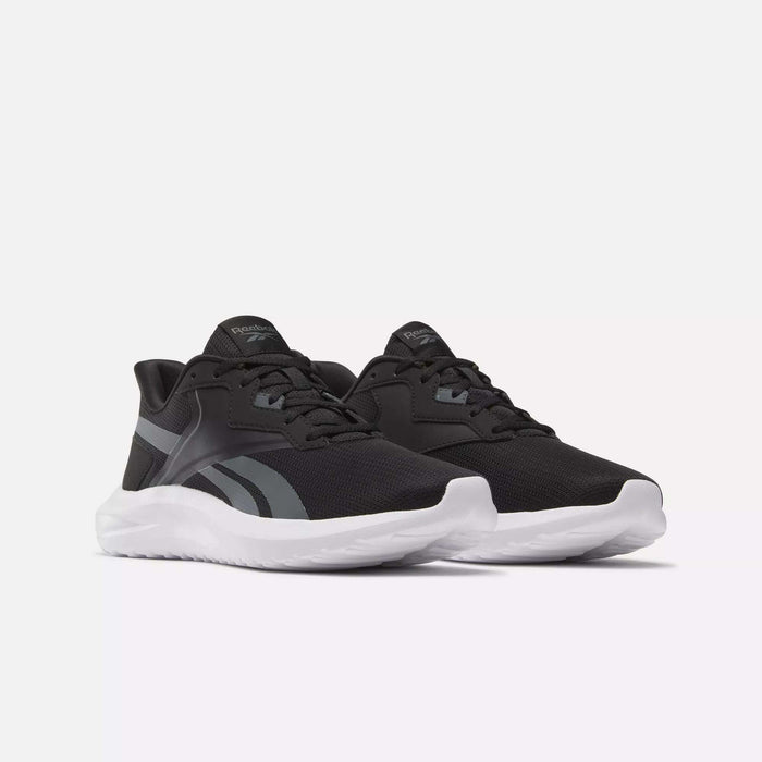 A pair of Reebok Men's Energen Lux Running Shoes in black with white soles and gray accents, shown side by side on a plain white background.