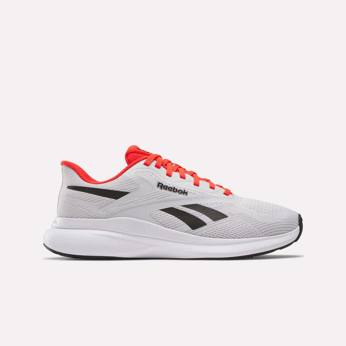 The Reebok Men's Energen Run 4 Running Shoes in Mist Grey/Energy Red/Black are shown in side profile against a plain light background, highlighting their lightweight design and distinctive color details.