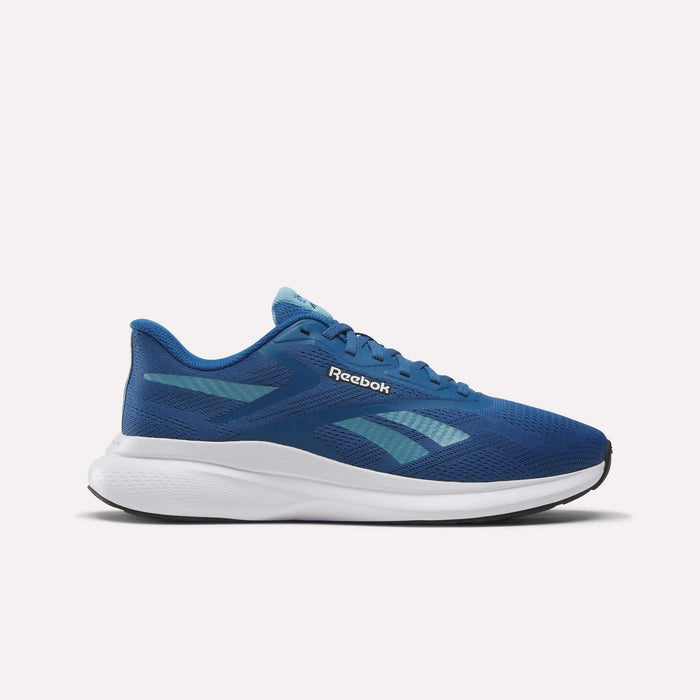 The Reebok Men's Energen Run 4 Running Shoes in Batik Blue/White feature a breathable mesh upper, light blue accents, FuelFoam midsole, and black outsole, shown against a plain white background.
