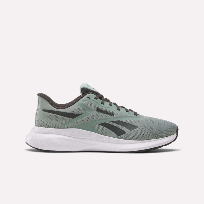 The Reebok Men's Energen Run 4 Running Shoes in sage green display a black logo, black laces, white cushioned sole, and a breathable mesh upper, shown in side profile on a plain white background.