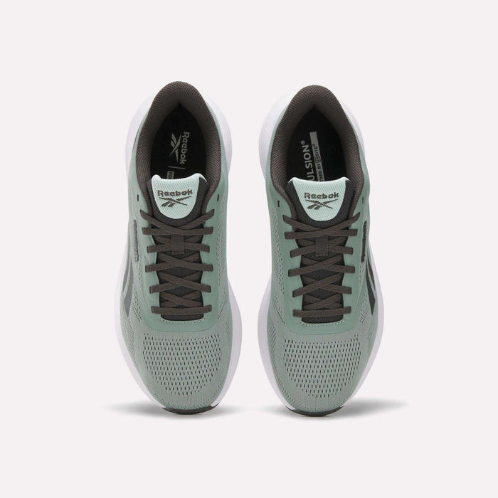A pair of Reebok Men's Energen Run 4 Running Shoes in mint green with dark gray laces and accents, featuring a breathable mesh upper, shown from above on a white background.
