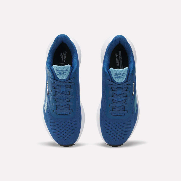 Top view of Reebok Men's Energen Run 4 Running Shoes with breathable mesh uppers, white soles, and visible Reebok logos on sides and tongues, shown side by side on a plain light background.