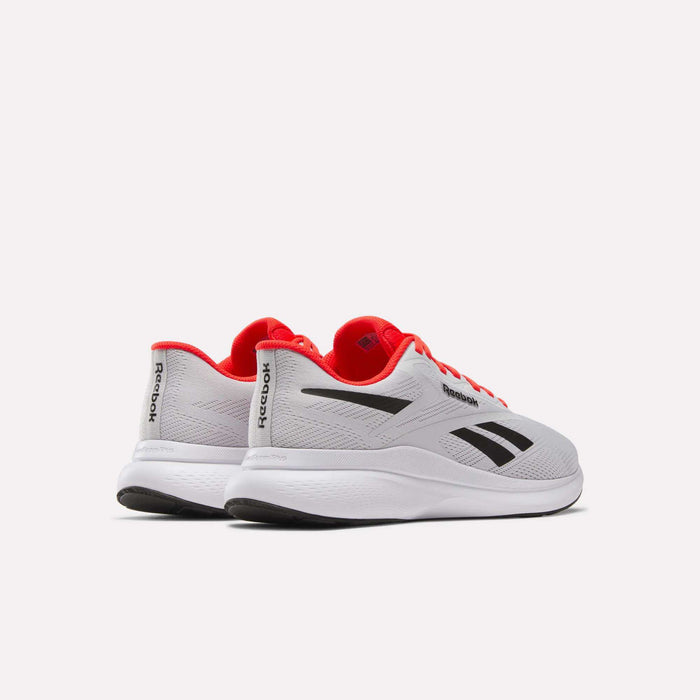 Men's Energen Run 4 Running Shoes by Reebok, in gray with black logos and red accents, feature breathable mesh and a FuelFoam midsole. Shown from the back and side against a plain white background.