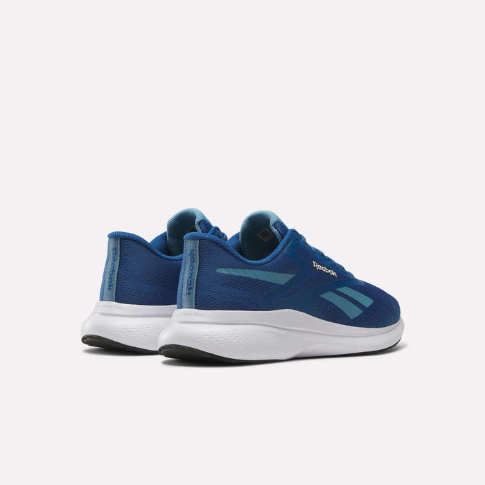 A pair of Men's Energen Run 4 Running Shoes by Reebok, blue with light blue logo stripes and white soles, featuring breathable mesh uppers, displayed angled to show side and back views on a plain white background.