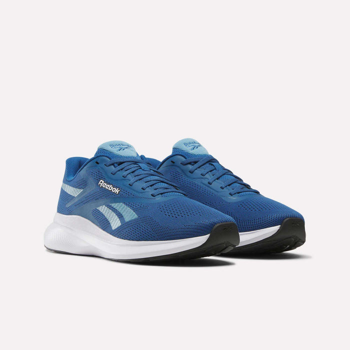 The Reebok Men's Energen Run 4 Running Shoes feature a blue breathable mesh upper, light blue accents, white FuelFoam midsoles, and black outsoles, shown against a plain white background.