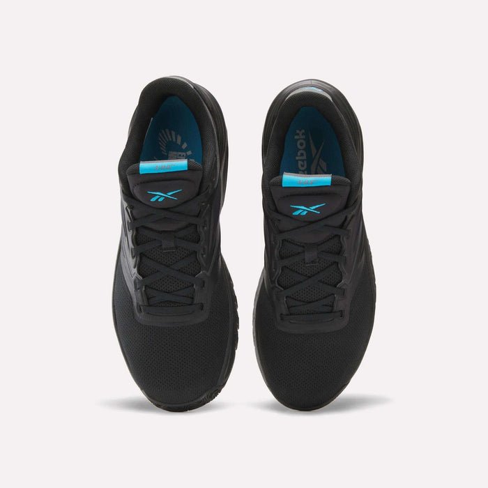 A pair of Men's ERS Training Shoes by Reebok in black, shown from above with laces, mesh texture, and blue Reebok-branded insoles—ideal for training with premium cushioning for comfort.
