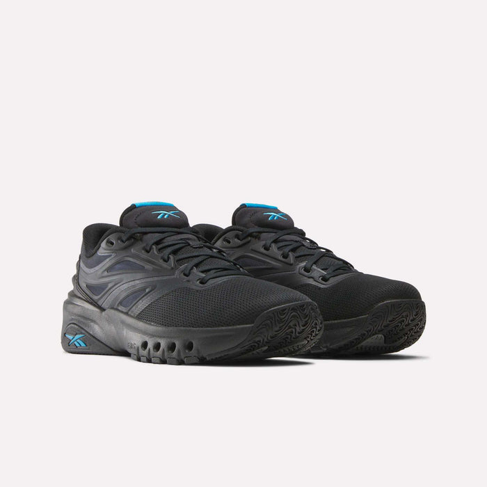 Men's ERS Training Shoes by Reebok in black with blue logo accents, designed with mesh uppers, textured soles, and premium cushioning, shown on a plain white background.