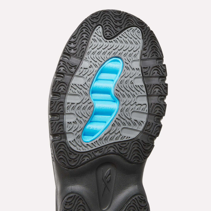 Close-up of the Men's ERS Training Shoes by Reebok shows a black and grey outsole with wavy textures and a blue center, highlighting premium cushioning ideal for training.
