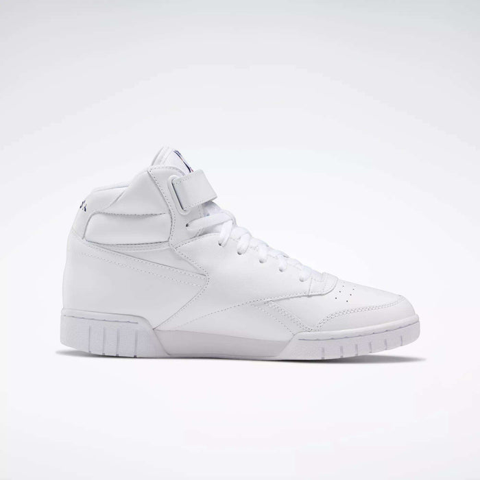The Reebok Men's EX-O-FIT Hi Shoes are white high-top sneakers with a lace-up front, velcro strap, and subtle stitching shown in side profile against a plain light background, featuring an old-school design.