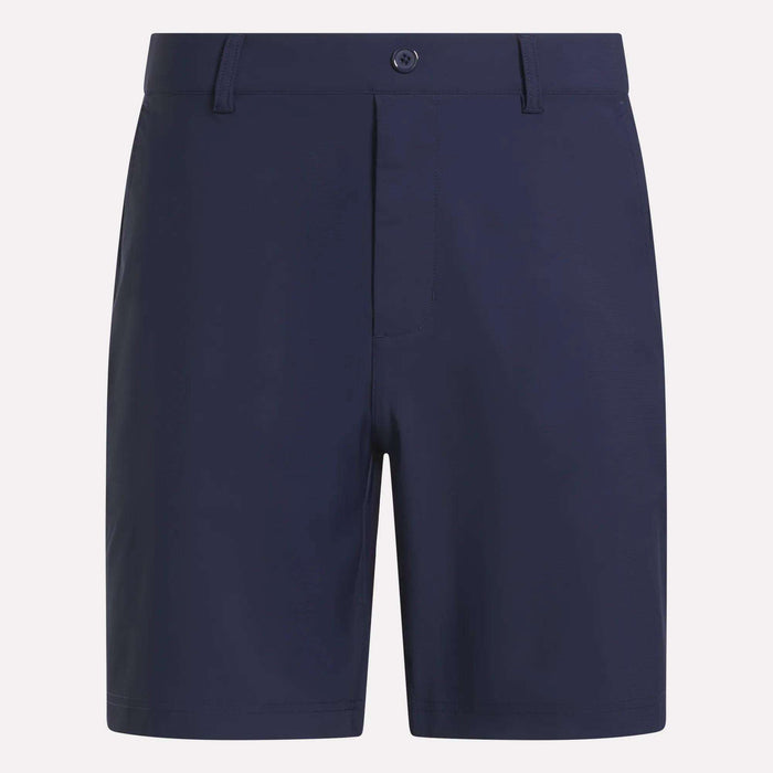 Reebok Men's Favorite Golf Shorts 8.5" in navy blue feature a knee-length cut, flat front, button and zipper closure, belt loops, and stretchy moisture-wicking fabric, shown against a plain white background.