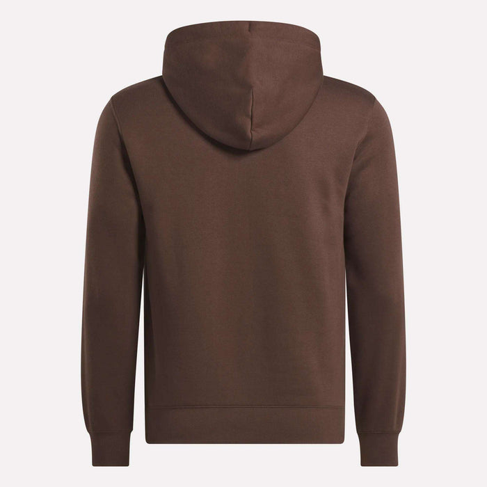 The Men's Finisher Hoodie by Reebok is shown from the back, featuring long sleeves, a hood, and ribbed cuffs and hem for comfort.