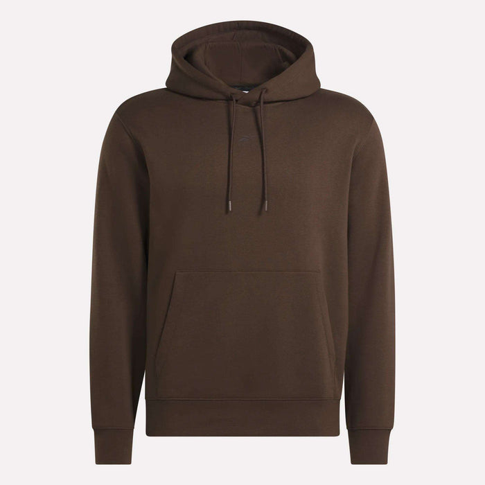 The Men’s Finisher Hoodie by Reebok is a comfortable, plain brown hoodie for men featuring a front pocket and drawstrings, shown against a white background.