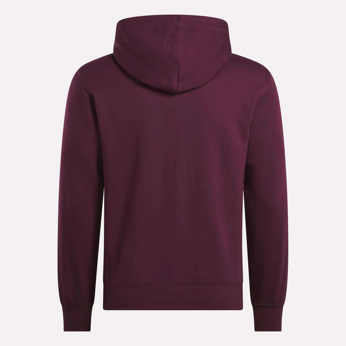 The Reebok Men's Finisher Hoodie is shown from the back in maroon, featuring long sleeves, ribbed cuffs, and a plain cotton-blend design for comfortable everyday wear.