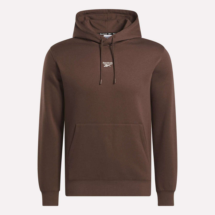 The Reebok Men's Finisher Hoodie in brown features a soft cotton-blend fabric, a front pocket, and a small white logo on the chest, shown against a plain background.