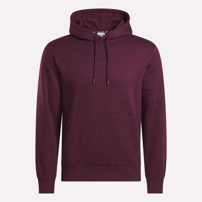 The Reebok Men's Finisher Hoodie, in plain maroon cotton-blend with front pocket and drawstrings, is shown against a light background for a comfortable style.
