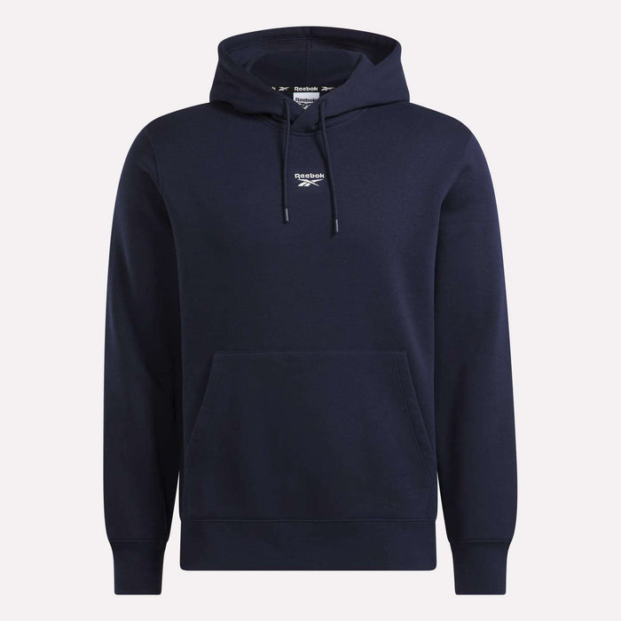 The Reebok Men's Finisher Hoodie in navy blue features a front pocket and a small Reebok logo on the chest, and is displayed against a plain white background.