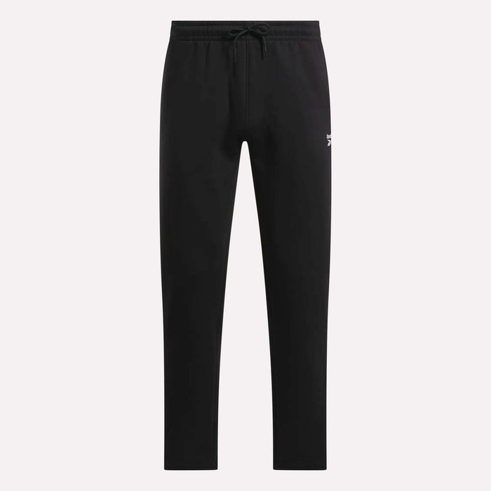 Men's Fleece Straight Leg Pants from Reebok, featuring a drawstring waistband, straight-leg design, and a small white logo on the left thigh. Made from cozy brushback fleece for added comfort, these black athletic pants are displayed against a plain light background.